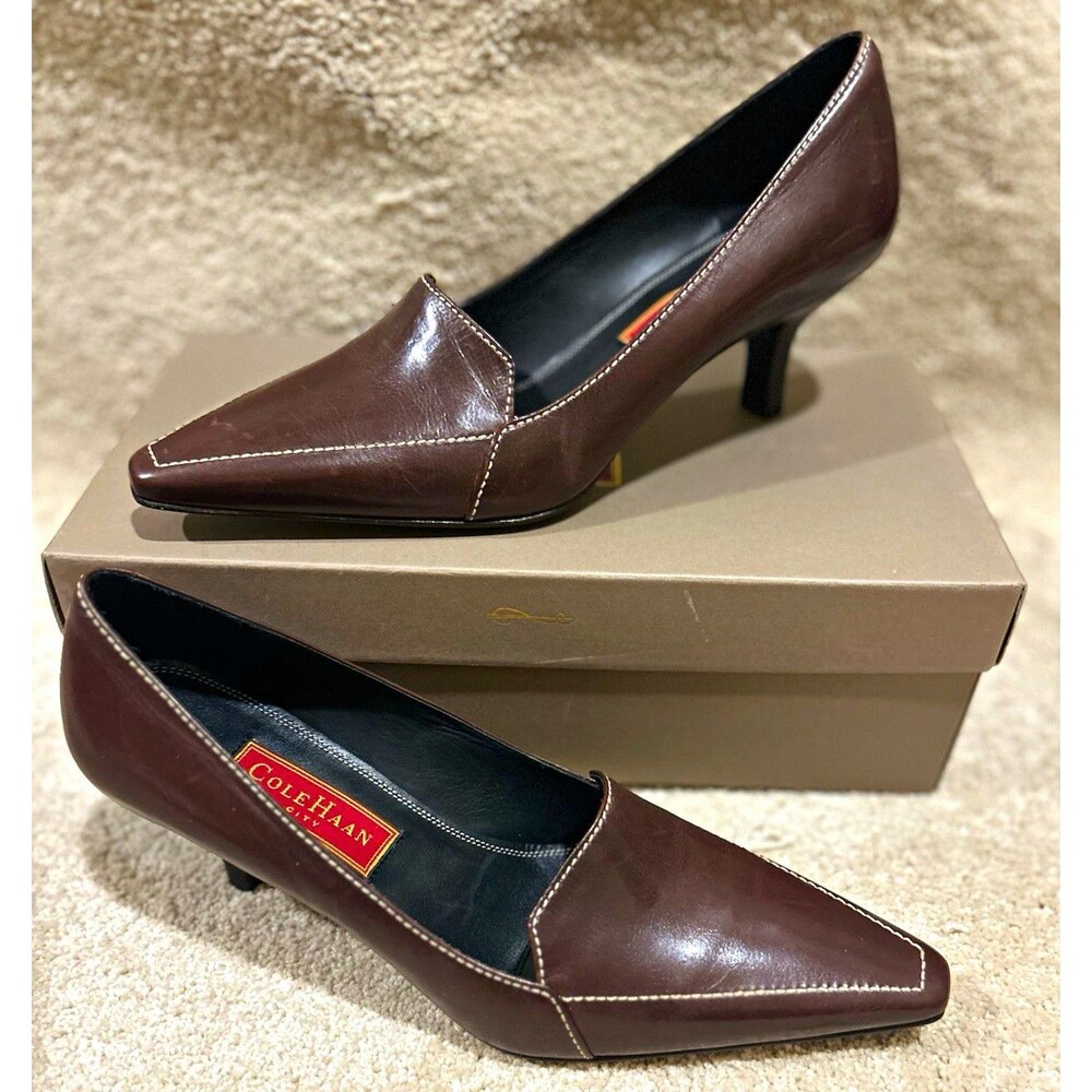 Cole Haan Women’s Size 8.5 Brown Leather Pointed Toe Slip-On Kitten Pumps